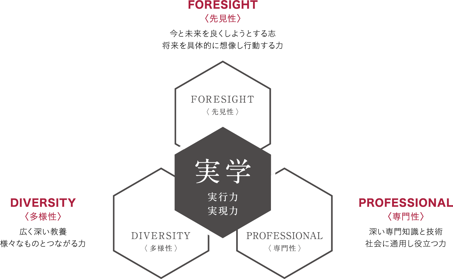 FORESIGHT〈先見性〉今と未来を良くしようとする志将来を具体的に想像し行動する力 DIVERSITY〈多様性〉広く深い教養様々なものとつながる力 PROFESSIONAL〈専門性〉深い専門知識と技術社会に通用し役立つ力