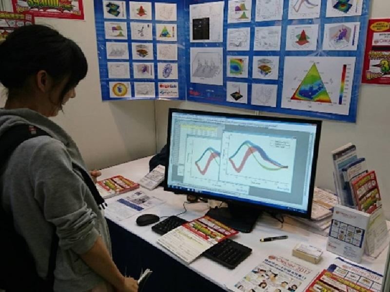 グラフなどを作成するオリジンというソフトを見学している様子。エクセルよりも性能がよく、よりよい資料を作成できるようです。