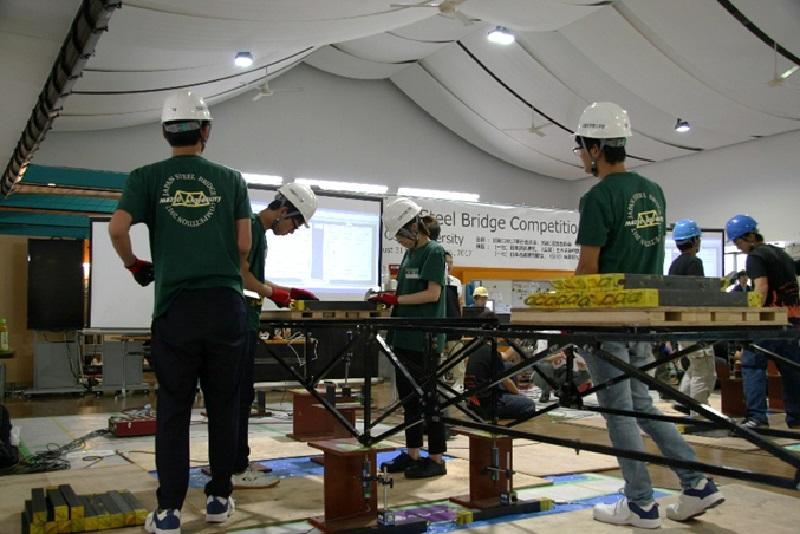 載荷競技の様子（Aチーム），慎重に錘を載せていきます