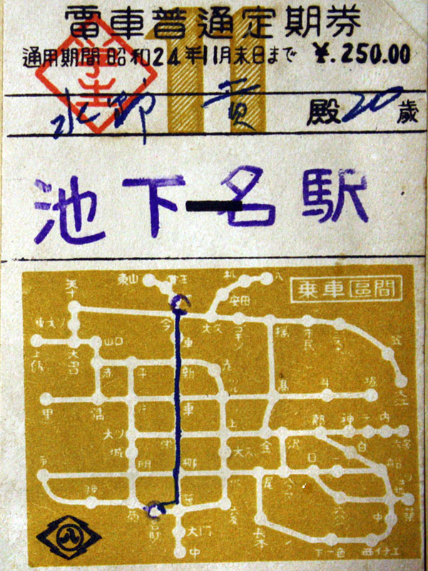 1949年当時の市電路線図（水野さんの定期券）
