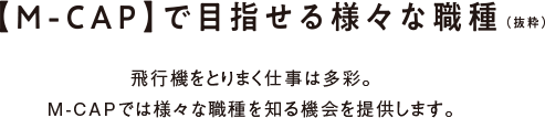 M-CAPで目指せる様々な職種(抜枠)飛行機をとりまく仕事は多彩。M-CAPでは様々な職種を知る機会を提供します。