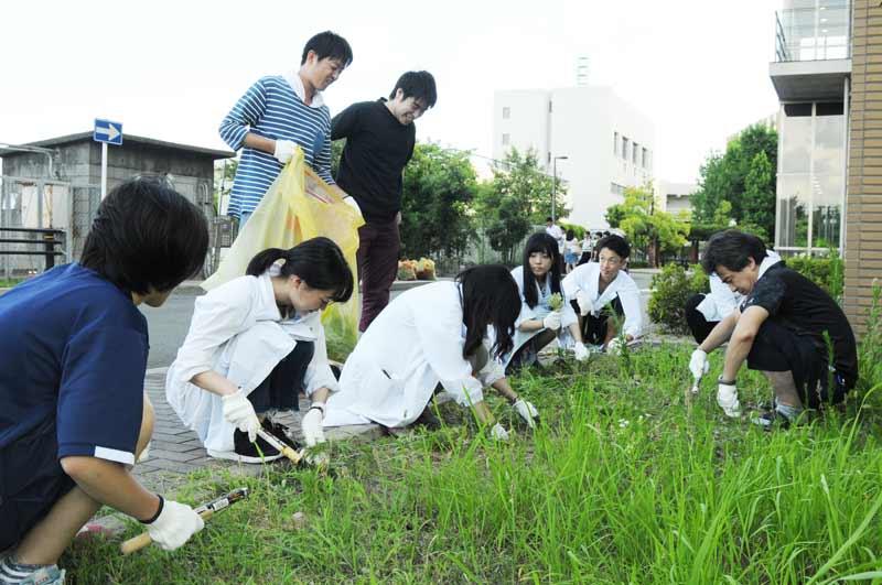 研究実験棟Ⅰ前の草を刈る教員と学生