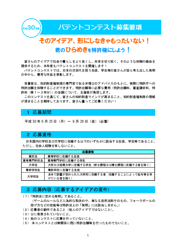 平成30年度パテントコンテスト募集要項