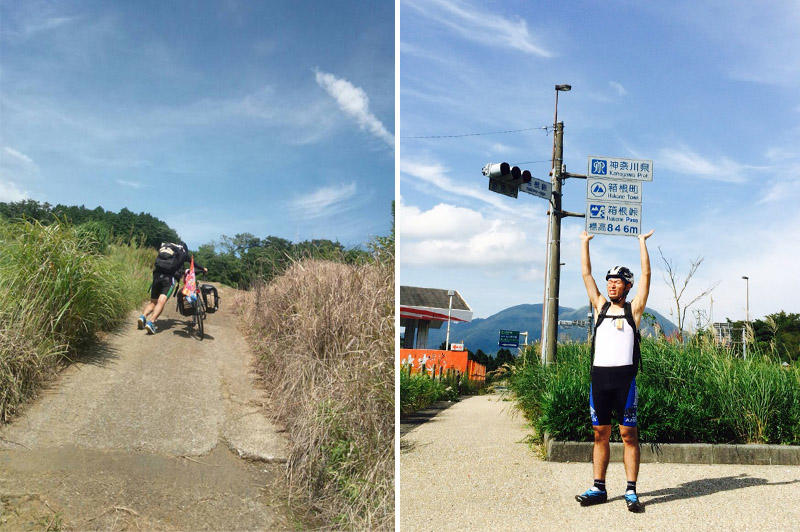 懸命に峠を登る中島さん（左）、箱根峠に立つ山本さん（右）