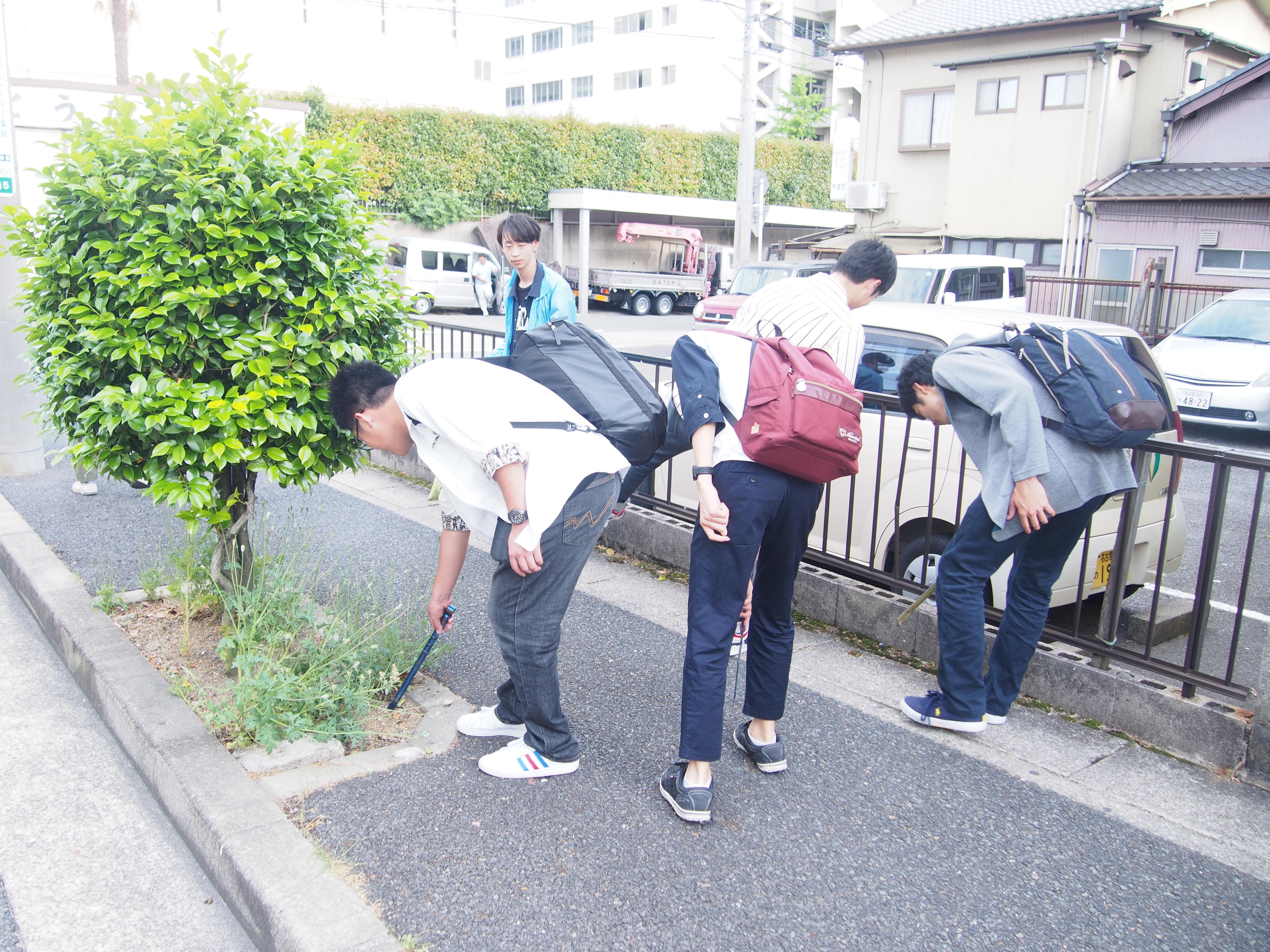 沿道のごみを拾う学生