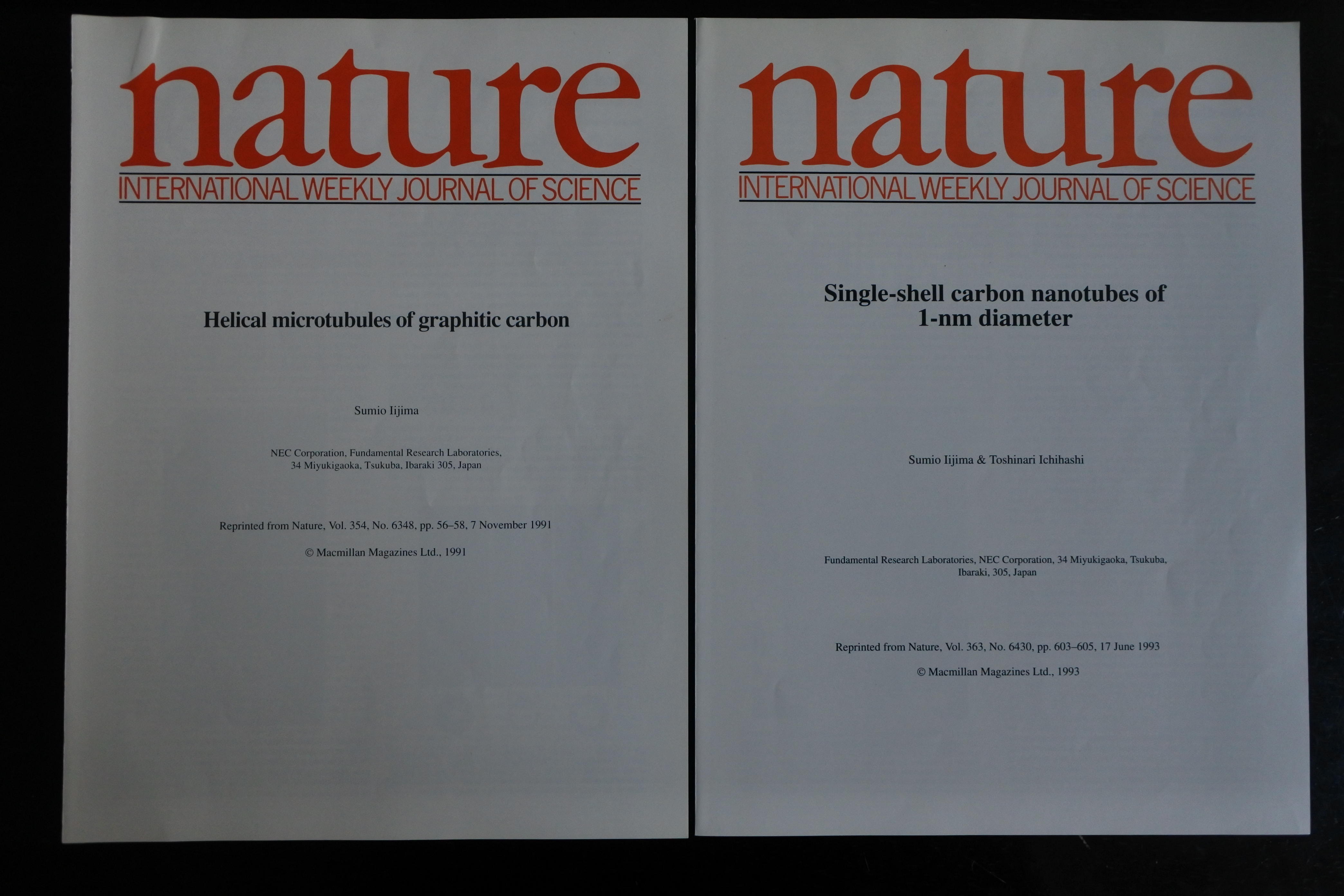 カーボンナノチューブ発見の論文が掲載された1991年の「Nature」