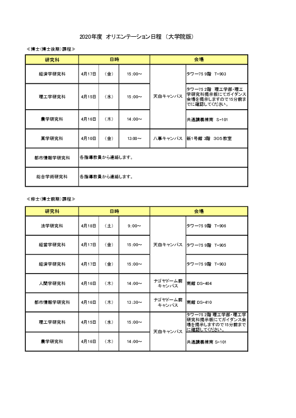 オリエンテーション日程表（大学院）