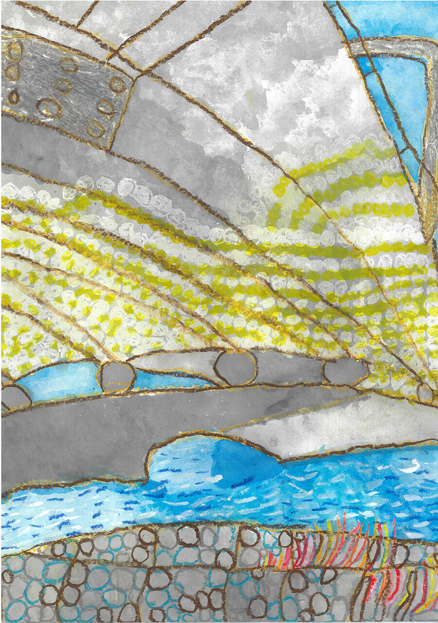 <strong>1年 西川 怜さん</strong><br />『川のもようがはしにうつっていたよ』<br />ぼくが川を歩いていたら川のもようがはんしゃしてはしにうつっていたのがおもしろかったのでかきました。