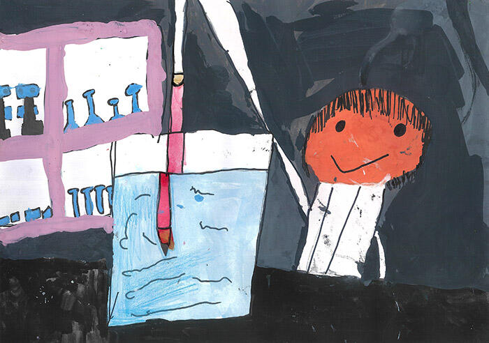 <strong>1年 髙木 華舟さん</strong><br />『光の科学』<br />私は実験が大好きです。小学校の理科室で、水に入れた鉛筆が折れて見える様子を描きました。