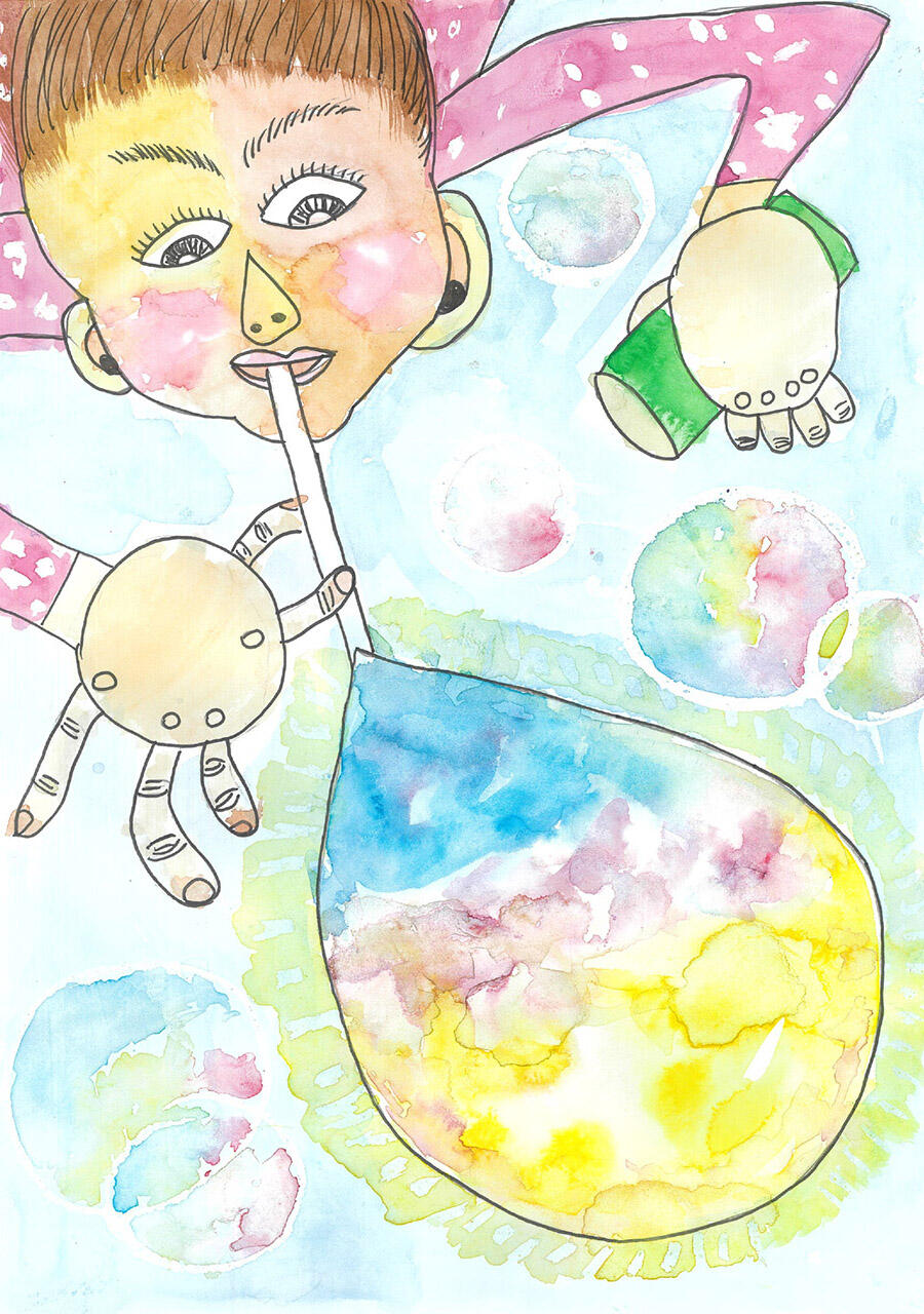 <strong>2年 清水 絵都さん</strong><br />『生きてるしゃぼん玉』<br />いろんな色がまざってうごいているしゃぼん玉が、生きているみたいでおもしろいと思いました。