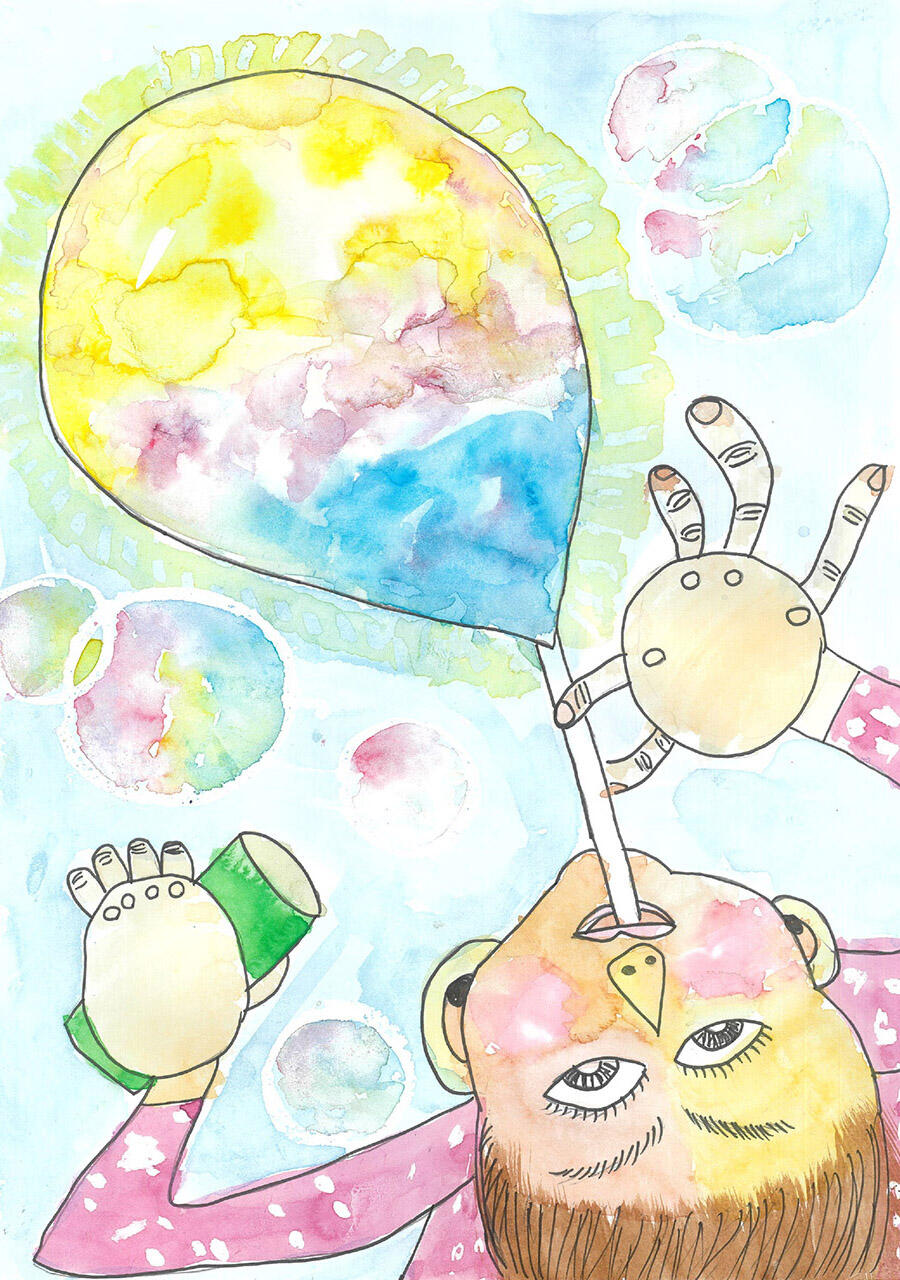 <strong>2年 清水 絵都さん</strong><br />『生きてるしゃぼん玉』<br />いろんな色がまざってうごいているしゃぼん玉が、生きているみたいでおもしろいと思いました。