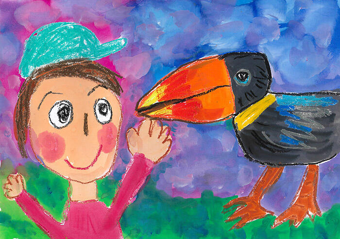 <strong>1年 日置 陽色さん</strong><br />『AIにまけない九かんちょうのきおく力　どんなずのうをもっているのかな？』<br />九かんちょうは、人のまねやうたごえやおはなしをろくおんしたみたいに正かくにおしゃべりできるのはどんなずのうをもっているのかな？