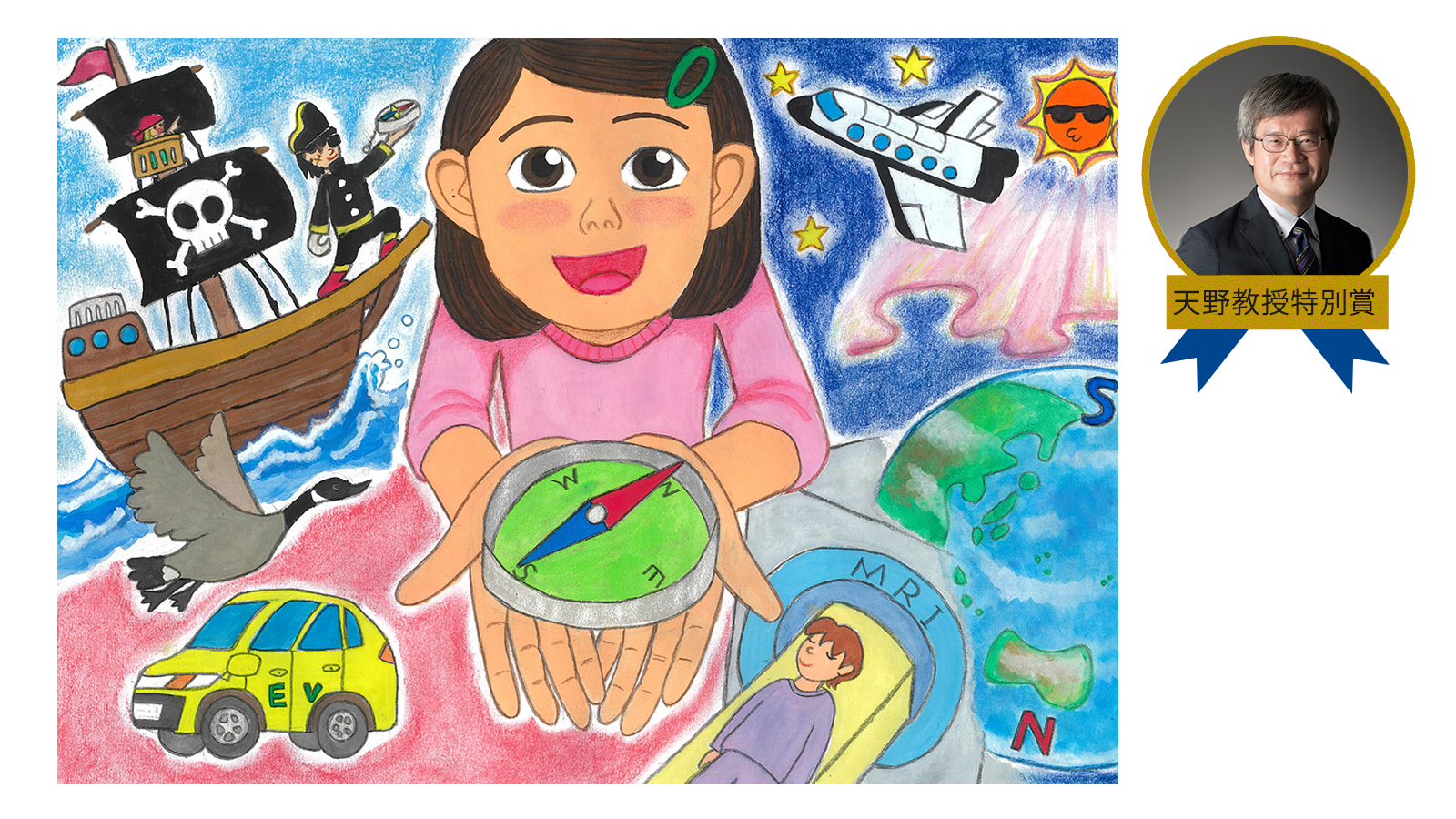 <strong>5年 石野 由依子さん</strong><br />『Magical Magnet. 磁石は不思議』<br />船乗りをみちびく羅針盤。渡り鳥の頭の中の小さな磁石。地球も、オーロラを見せながら太陽風から守ってくれる巨大な磁石。EVモニターや医療でも磁石は大活躍中！！