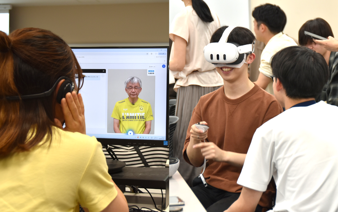 AIオンライン服薬指導学習システム(左）と緊急時対応シミュレーション（右）を体験する学生たち