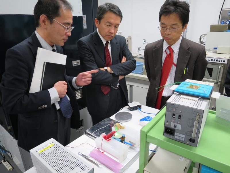 上山教授(左)の説明を聞く波多野局長(中)と山田課長=科学技術創生館で
